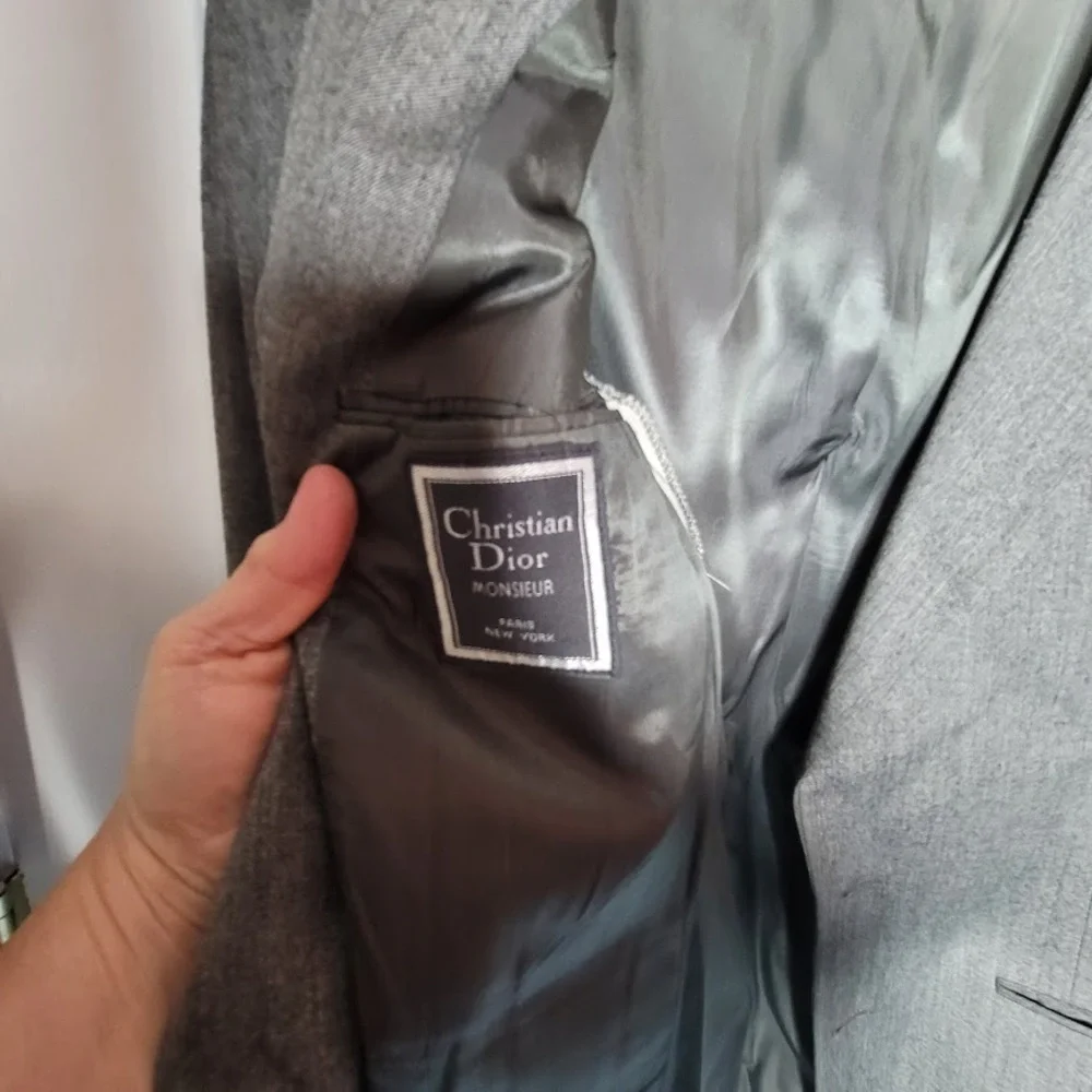 Christian Dior Vintage Wool 40L 2 pc. Suit Jacket Pants Grey Cuffed Pleated